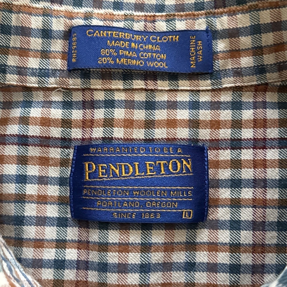 Pendleton Shirt Men L Merino Wool Pima Cotton Plaid Canterbury Cloth Button Down - Picture 3 of 8